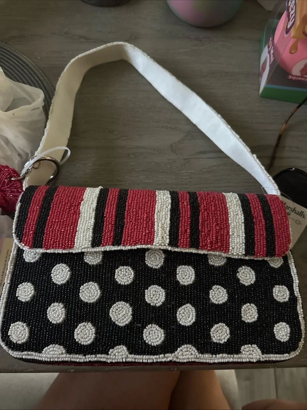 Hand-Beaded Accent Tote in Red, Black & White NWT